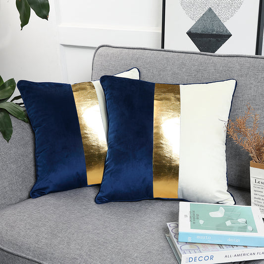 Navy Blue Beige Gold Leather Patchwork Velvet Throw Pillow Cover 12x20 Set of 2 Luxury Modern Home Decor Cushion Cover Decorative Pillow for Couch Living Room Bedroom Car (Navy Blue, 12x20)