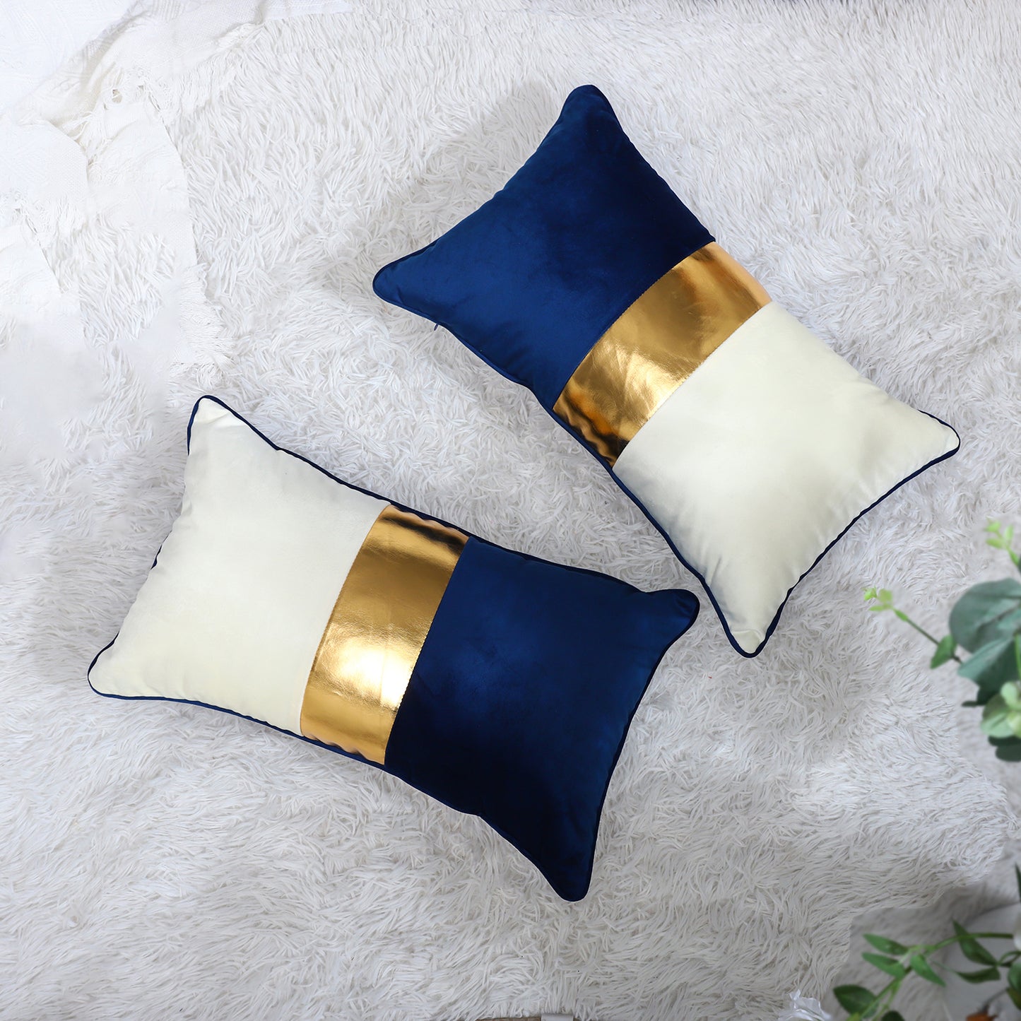 Navy Blue Beige Gold Leather Patchwork Velvet Throw Pillow Cover 12x20 Set of 2 Luxury Modern Home Decor Cushion Cover Decorative Pillow for Couch Living Room Bedroom Car (Navy Blue, 12x20)