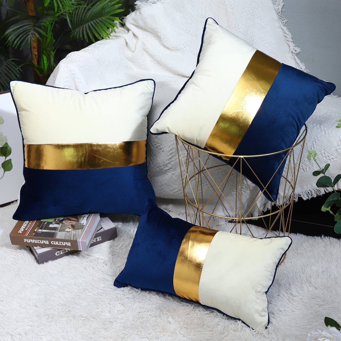 Navy Blue Beige Gold Leather Patchwork Velvet Throw Pillow Cover 12x20 Set of 2 Luxury Modern Home Decor Cushion Cover Decorative Pillow for Couch Living Room Bedroom Car (Navy Blue, 12x20)