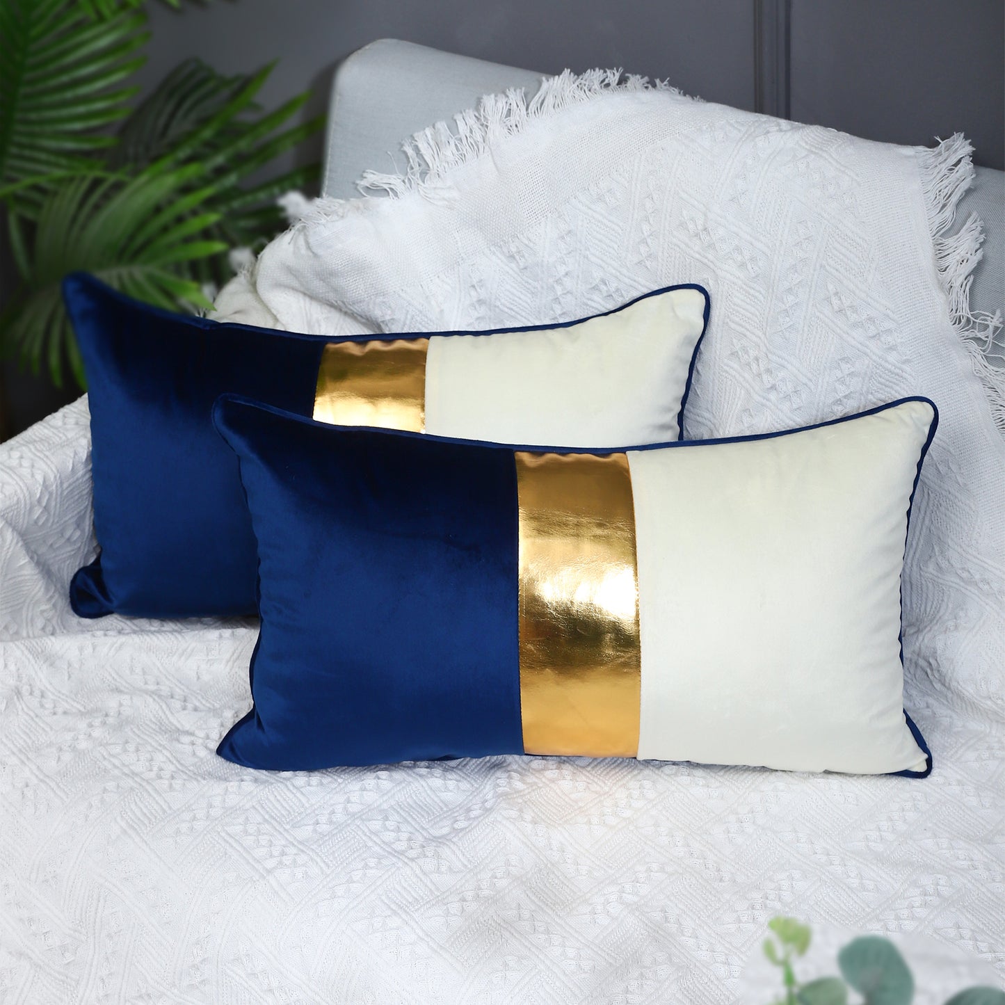 Navy Blue Beige Gold Leather Patchwork Velvet Throw Pillow Cover 12x20 Set of 2 Luxury Modern Home Decor Cushion Cover Decorative Pillow for Couch Living Room Bedroom Car (Navy Blue, 12x20)